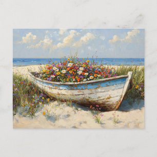 Abgenutztes Holzboot mit Wildblumen Postkarte