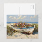 Abgenutztes Holzboot mit Wildblumen Postkarte (Vorne/Hinten)
