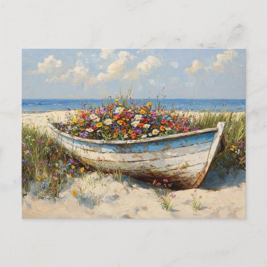 Abgenutztes Holzboot mit Wildblumen Postkarte (Vorderseite)