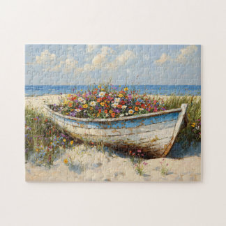 Abgenutztes Holzboot mit Wildblumen Puzzle