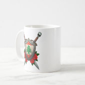 Abgenutztes libanesisches Flaggen-Schild und Kaffeetasse (Vorderseite Links)