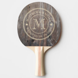 Abgenutztes Planken-Hochzeits-Monogramm-Stern Tischtennis Schläger