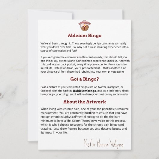 Ableism Bingo Card Chronischer Schmerz Edition Einladung (Rückseite)