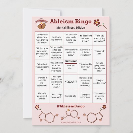 Ableism Bingo Card Mental Illness Edition Einladung (Vorderseite)