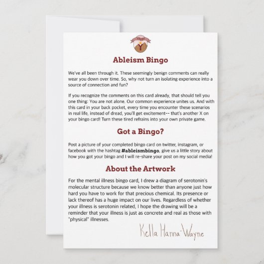 Ableism Bingo Card Mental Illness Edition Einladung (Rückseite)