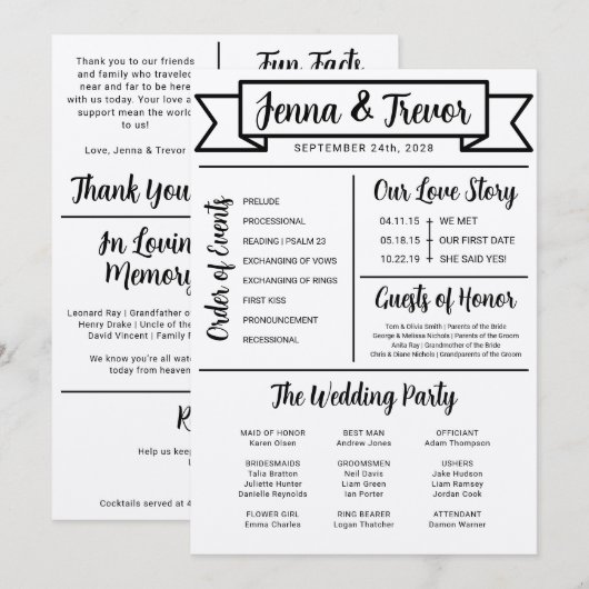 About Us Fun Minimalist Wedding Program Programm (Vorne/Hinten)