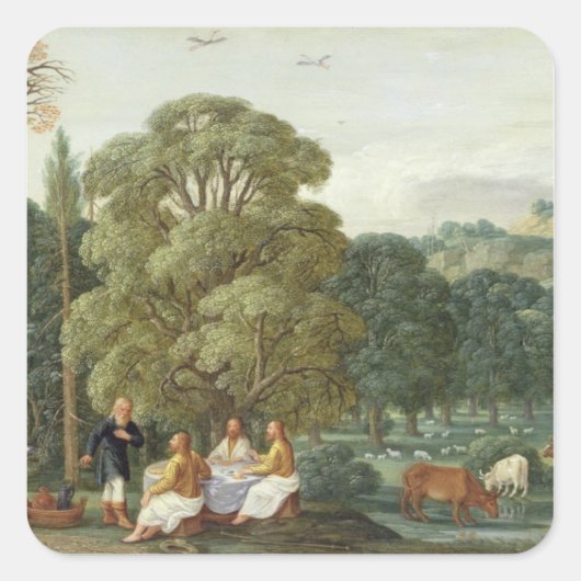 Abraham unterhält die Drei Engel Quadratischer Aufkleber (Vorderseite)