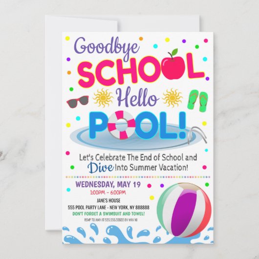 Abschied von der Schule Hallo Poolparty Mädchen Ei Einladung (Vorderseite)