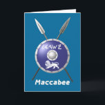 Abschirmung und Speere Feiertagskarte<br><div class="desc">Eine Darstellung eines Maccabee's Schildes und zwei Speere. Der Schild wird von einem Löwen und Text mit dem Text "Israel" (Israel) im Paleo-Hebräischen Alphabet geschmückt. Es erscheint auch der englische Text "Maccabee". Fügen Sie Ihren eigenen Text hinzu. Die Maccabees waren jüdische Rebellen, die Juden aus dem Joch des Seleukiden Reiches...</div>
