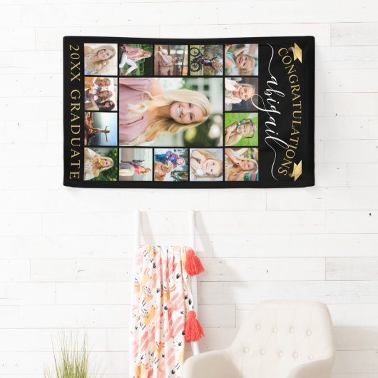 Abschluss 15 Foto Collage Script Black Gold Cap Banner (Insitu)