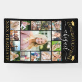 Abschluss 15 Foto Collage Script Black Gold Cap Banner (Horizontal)