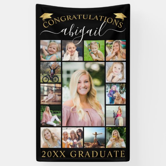 Abschluss 15 Foto Collage Script Black Gold Cap Banner (Vertikal)