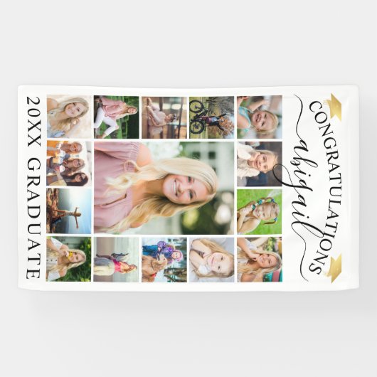Abschluss 15 Foto Collage Script Gold Cap Banner (Horizontal)