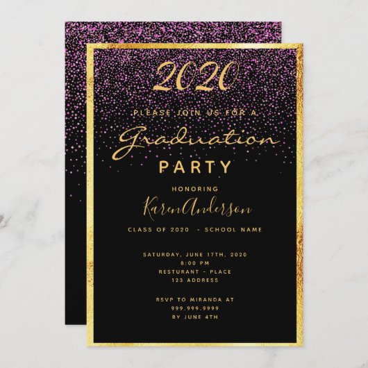 Abschluss 2020 Party Chic Black Confetti Gold Einladung (Vorne/Hinten)