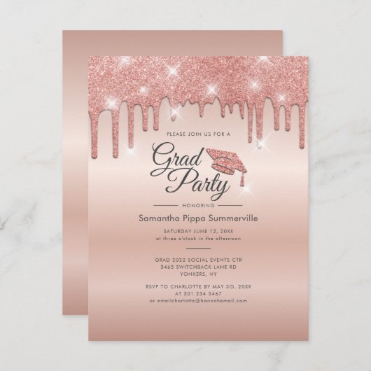 Abschluss 2022 Rose Gold Glitzer Grad Party Einladung (Vorne/Hinten)