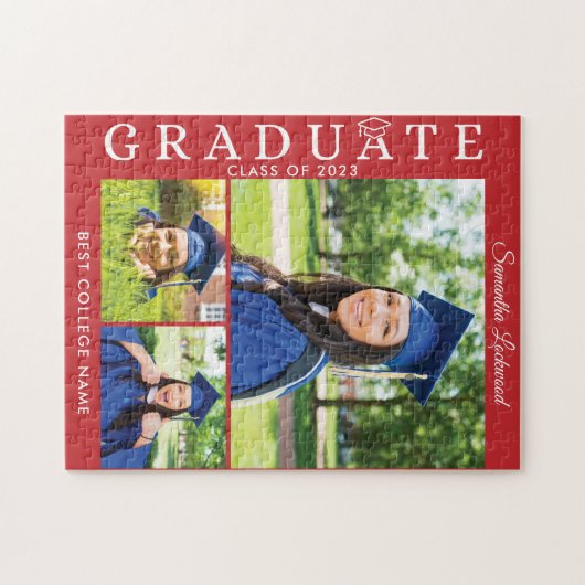 Abschluss 2023 Foto Collage Red Grad Keepake Puzzle (Horizontal)