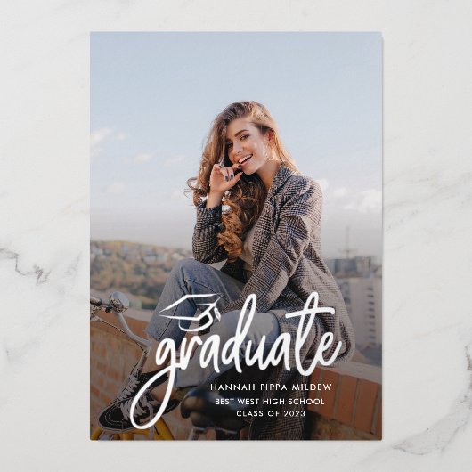 Abschluss 2023 Foto Script Grad Party Silver Folieneinladung (Vorderseite)