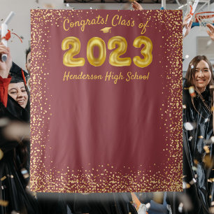 Abschluss 2023 Goldene Ballons Rote Foto Hintergru Wandteppich