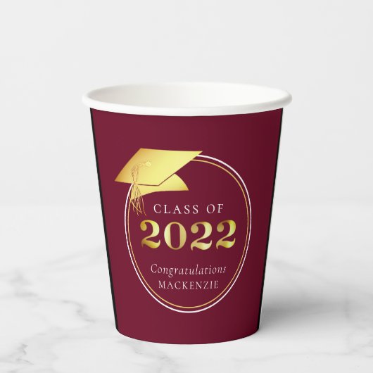 Abschluss 2023 Maroon Imitate Gold oder benutzerde Pappbecher (Rückseite)