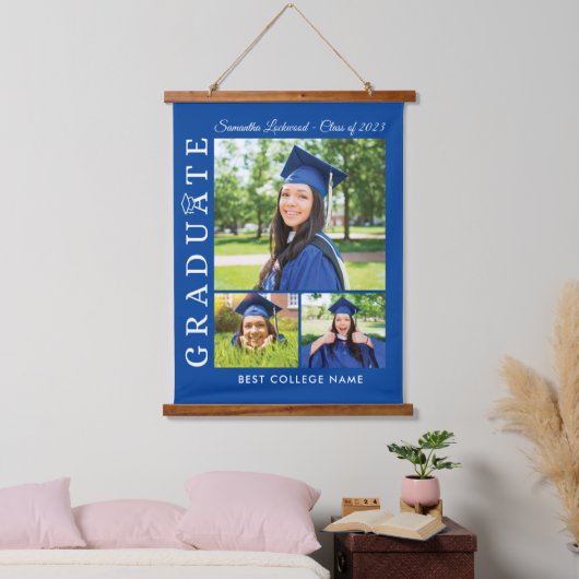 Abschluss 2024 Foto Collage Blue Grad Keepake Wandteppich Mit Holzrahmen (Schlafzimmer)