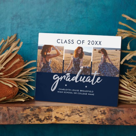 Abschluss 2024 Foto Collage Navy Blue Keepake Fotoplatte (Seite)