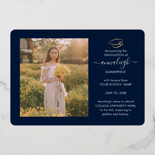 Abschluss 2024 Foto Collage Script Navy Silver Folieneinladung (Rückseite)