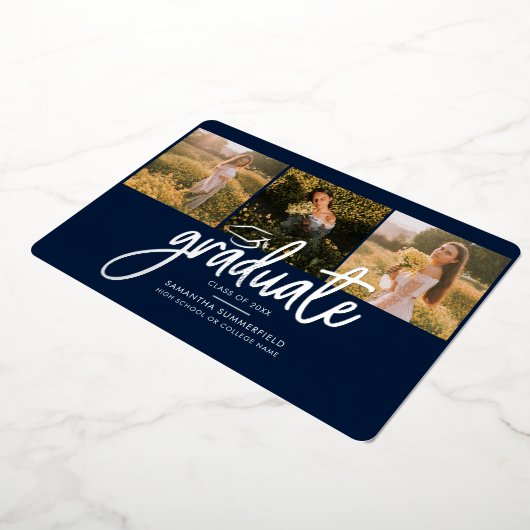 Abschluss 2024 Foto Collage Script Navy Silver Folieneinladung (Gedreht)