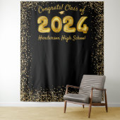 Abschluss 2024 Gold Balloons Schwarzes Foto Hinter Wandteppich (Beispiel)