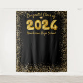 Abschluss 2024 Gold Balloons Schwarzes Foto Hinter Wandteppich (Vorderseite)