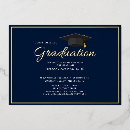 Abschluss 2024 Navy Blue Grad Party Gold Folieneinladung (Vorderseite)