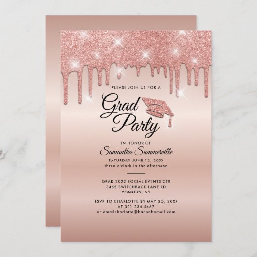 Abschluss 2024 Rose Gold Tropfen Grad Party Einladung (Vorne/Hinten)