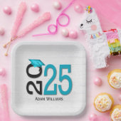 Abschluss 2025 Aquamarin und schwarz auf Holz Pappteller (Party)