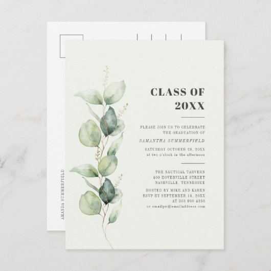 Abschluss 2025 Eukalyptus Grad Party Einladungspostkarte (Vorne/Hinten)