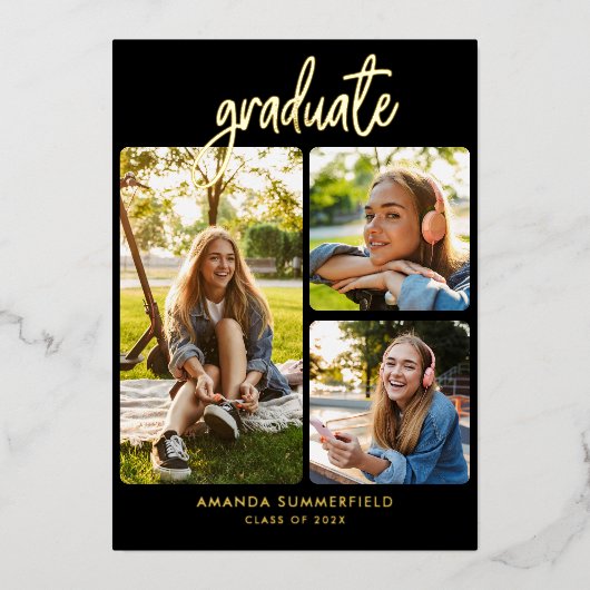 Abschluss 2025 Foto Collage Grad Party Gold Folieneinladung (Vorderseite)