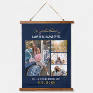Abschluss 2025 Foto Collage Navy Blue Graduate Wandteppich Mit Holzrahmen