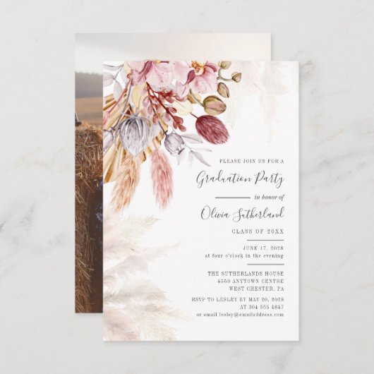 Abschluss 2025 Foto Pampas Grass Grad Party Einladung (Vorne/Hinten)