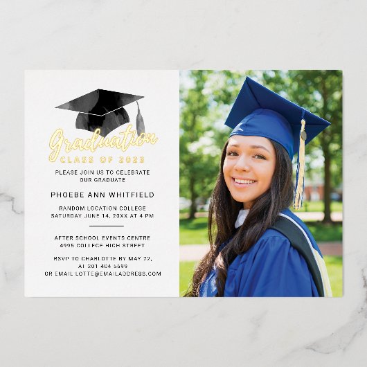 Abschluss 2025 Foto Party Gold Folieneinladung (Vorderseite)