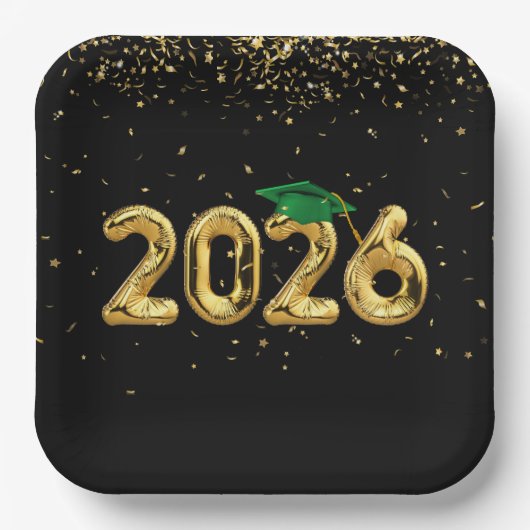 Abschluss 2025 Goldballons und Grüne Obergrenze Pappteller (Vorderseite)