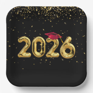 Abschluss 2025 Goldballons und Rote Cap Pappteller