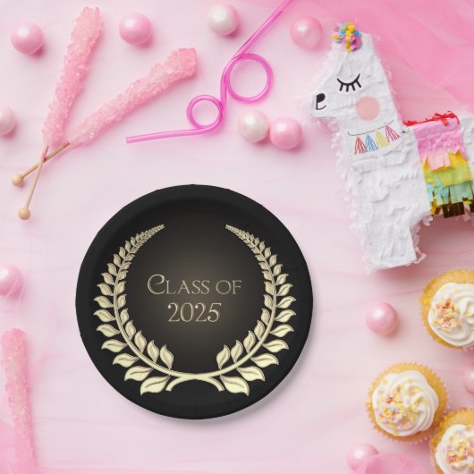 Abschluss 2025 Goldener Laurel auf Schwarz Pappteller (Party)