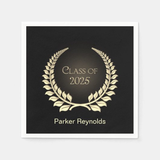 Abschluss 2025 Goldener Laurel auf Schwarz Serviette (Vorderseite)