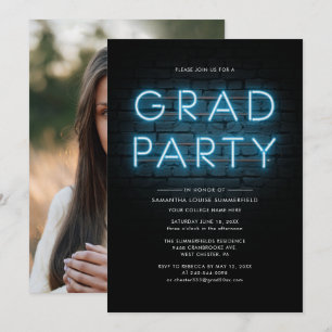 Abschluss 2025 Grad Foto Blue Neon Party Einladung