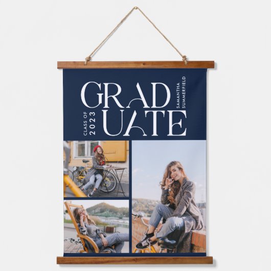 Abschluss 2025 Grad Foto Collage Navy Blue Wandteppich Mit Holzrahmen (Vorderseite)