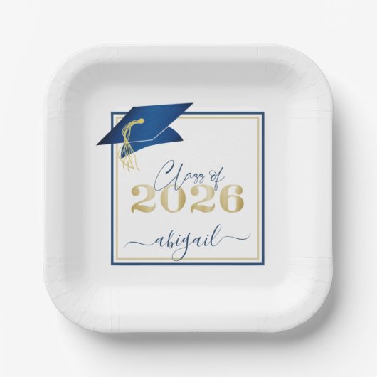 Abschluss 2025 Imitats Metallic Blue Gold Script Pappteller (Vorderseite)