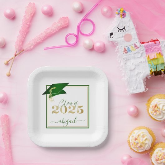 Abschluss 2025 Imitats Metallic Green Gold Script Pappteller (Party)