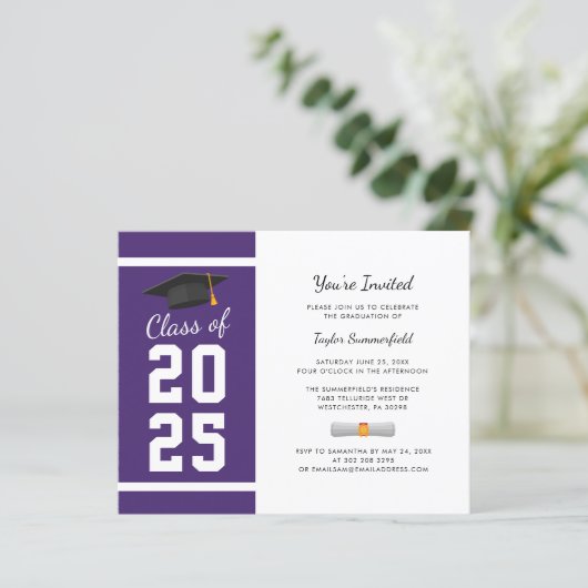 Abschluss 2025 Lila Grad Party Einladung (Stehend Vorderseite)