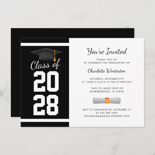 Abschluss 2025 Modernes Schwarz-weißes Grad Party Einladung (Vorne/Hinten)