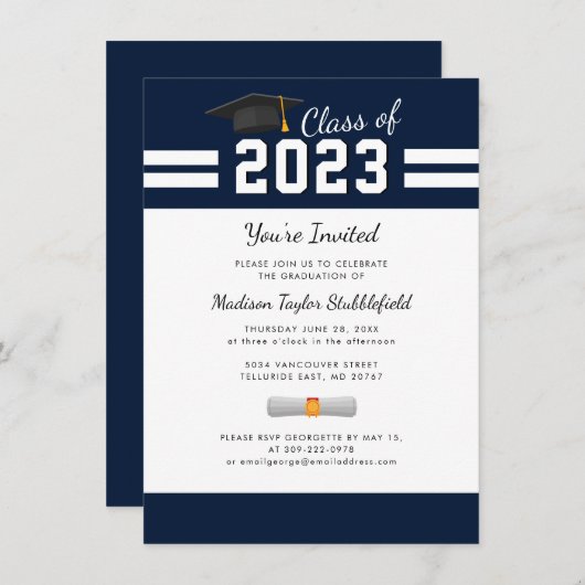 Abschluss 2025 Navy Blue Grad Party Einladung (Vorne/Hinten)