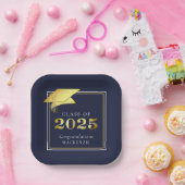 Abschluss 2025 Navy Blue Imitats Metallic Gold Pappteller (Party)