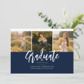 Abschluss 2025 Navy Blue und White Script Ankündigung (Stehend Vorderseite)